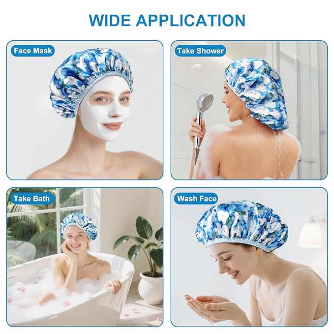 Upgraded Waterproof Terry Shower Caps, Reusable Shower Cap for Women with Long Hair, Soft Absorbent Hair-Protecting Towel Lining Bath Cap, Large Leak-Proof Hair Cap with Fashionable Print Outer-Blue