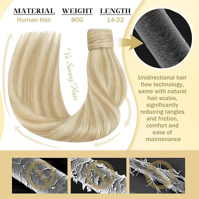 Ve Sunny Hair Extensions Ponytail Real Human Hair Wrap Around Clip in Ponytail Hair Extensions Straight Extensions Human Hair for Women Strawberry Honey Blonde Highlights Bleach Blonde 16inch 80G