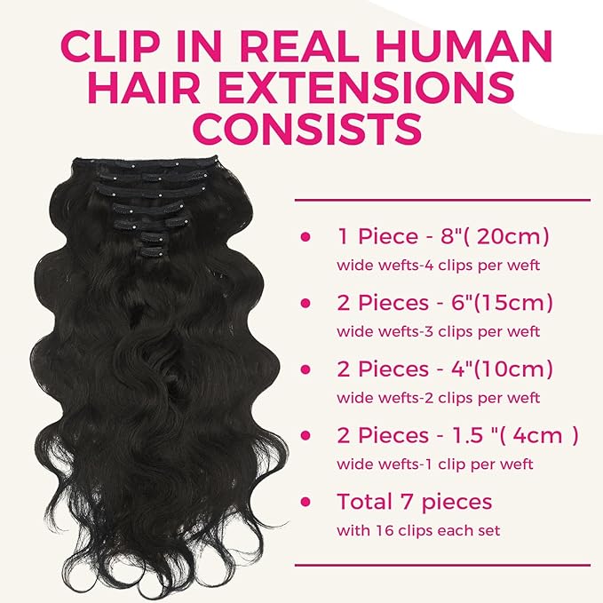 Lashey Clip in Hair Extensions Real Human Hair, Body Wave Hair Natural Black #1B 7pcs 120g 22 Inch Clip in Hair Extensions Remy Human Hair with Lace Weft