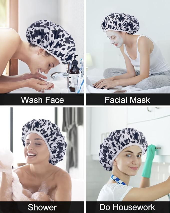 Auban Shower Cap, Shower Cap for Women Terry Cloth Lined EVA Exterior Reusable Double Layer Waterproof, Large Bath Hair Cap for All Hair Lengths, Hotel Travel Essentials Accessories Deep Conditioning