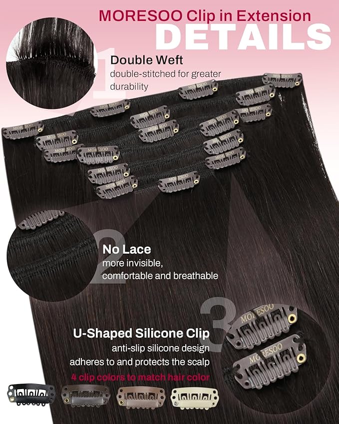 Moresoo Dark Brown Clip in Hair Extensions Real Human Hair Dark Brown Human Hair Clip in Extensions Long Remy Hair Extensions for Women Full Head 120g/7pcs 20 inch