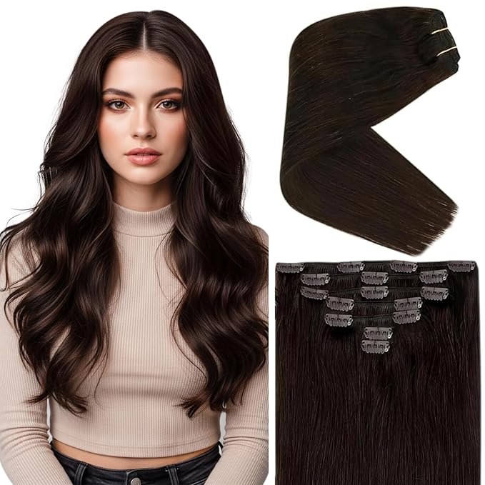 Ve Sunny Clip in Hair Extensions Real Human Hair Dark Brown Hair Extensions Clip ins Long Natural Hair Extensions Human Hair Clip in Soft and Silky 120g 7pcs 22inch