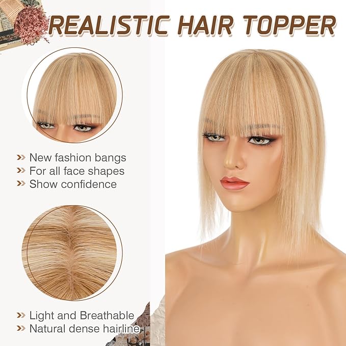 Rich Choices Real Human Hair Toppers for Women With Bang 100% Remy Human Hair Topper for Thinning Hair Clip in Silk Base Hair Topper 14 Inch #12P613 Golden Brown Mix Bleach Blonde
