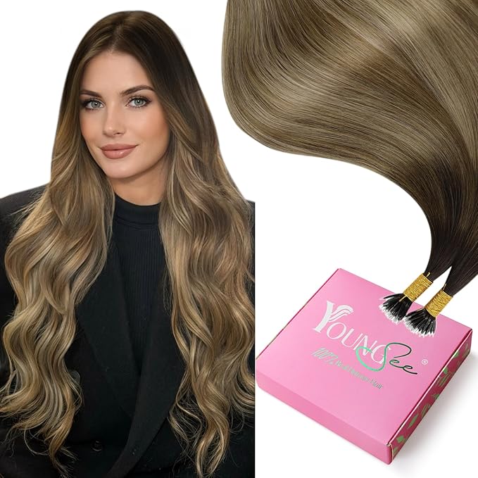 YoungSee Nano Hair Extensions Brown Remy Nano Ring Extensions Human Hair Balayage Dark Brown with Blonde 24Inch Nano-Bead Extension Real Human Hair Invisible blend 1g/s 50g