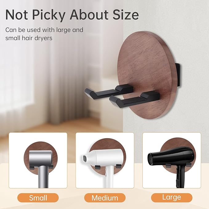 Wall Mounted Hair Dryer Holder, 5.1 Inch Round Shape Walnut Wood Shelf Aluminum Hairdryer Holder,Bathroom Hair Dryer Stand Drill Install (Round Shape Walnut Wood, 1)