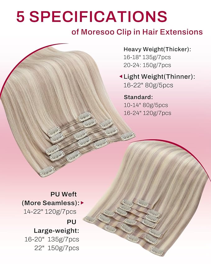 Moresoo Real Hair Extensions Clip ins Blonde Highlights Clip in Extensions Ash Blonde with Bleach Blond for Long Remy Hair Extensions 80g/5pcs 22inch