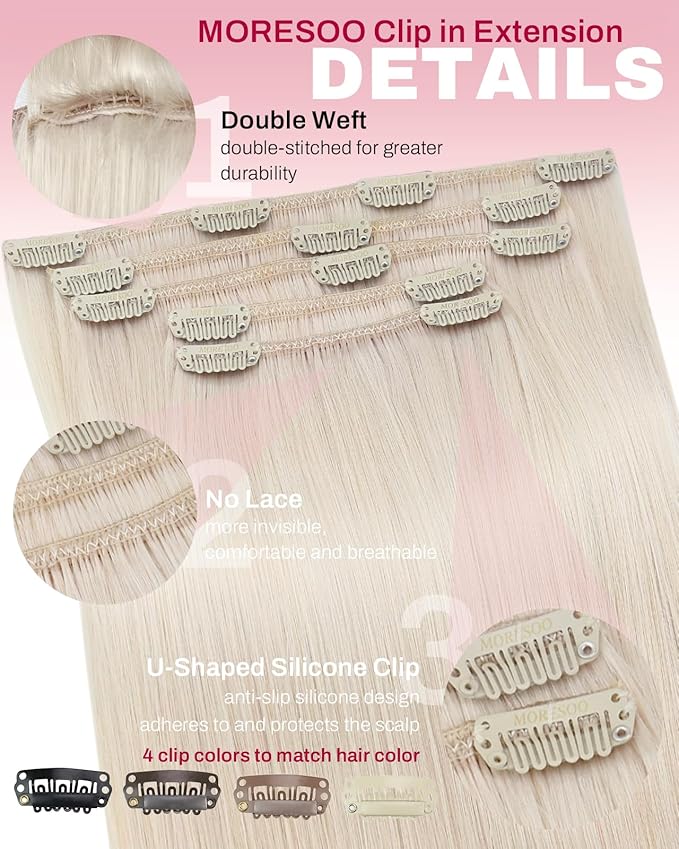 Moresoo Clip in Hair Extensions Real Human Hair with Platinum Blonde Hair Extensions Clip in Highlights Double Weft Extensions Long for Women 22inch 80g 5pcs