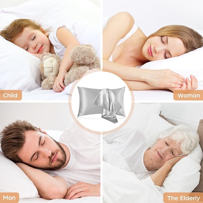 Silk Pillowcase for Hair and Skin, 2 Pack 100% Mulberry Silk Pillowcase 25 Momme, 600 Thread Count, Both Side Pure Silk Pillow Cover with Hidden Zipper (Gray, Queen 20''×30'')