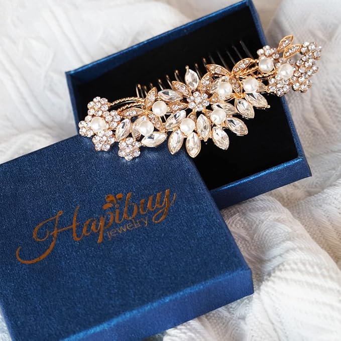 Crystal Wedding Hair Comb Bridal Hair Comb with Pearl Wedding Headpiece for party wear Golden Hair Accessory