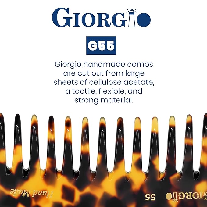 Giorgio G55 Wide Tooth Detangler Comb for Wet Hair, Hair Comb for Thin to Medium Hair, Hair Combs for Women and Men, Large Tooth Rake Comb Handmade Saw-Cut and Hand Polished