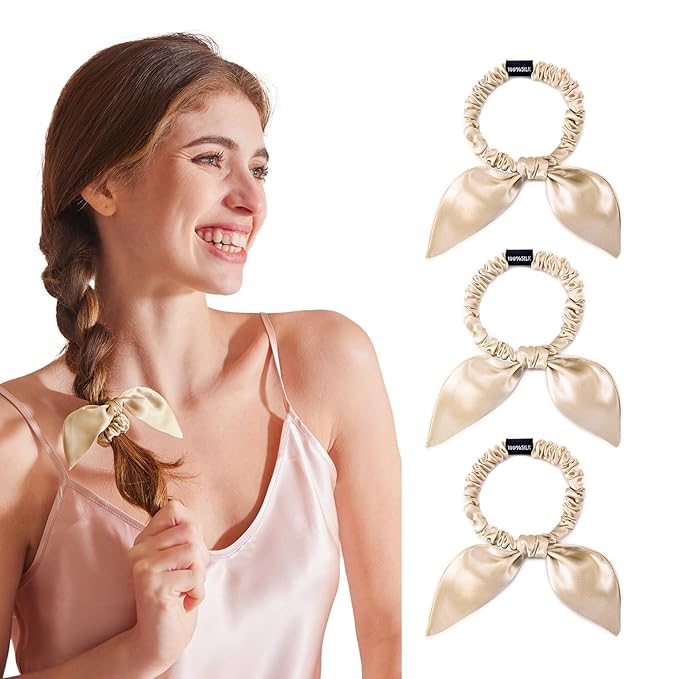 THXSILK 100% Mulberry Silk Bow Scrunchies 3-Pack, 22 Momme Mulberry Silk Hair Ties for Women, Cute Bunny Ear No Damage Ponytail Holders, Fashion Hair Accessories for Girls(S, Beige)