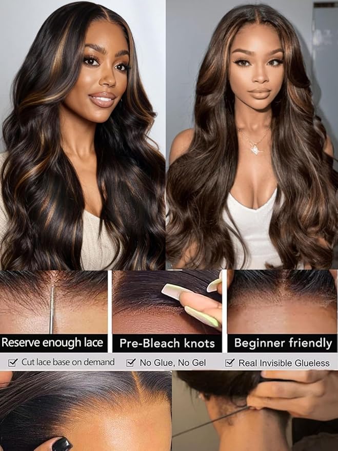 Julia Hair 13x4 Pre Everything Chestnut Brown Highlight Yaki Loose Body Wave Wig With Drawstring Glueless Wigs Human Hair HD Lace Frontal Wig Bleached Knots Ready to Go 24 Inch