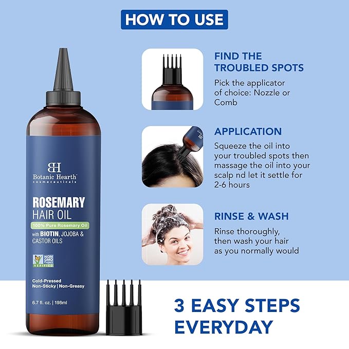 Botanic Hearth 100% Pure Rosemary Oil for Hair Growth (6.7 fl oz)| Infused with Biotin, Jojoba & Castor Oil | Hair Oil Repairs Dry Damaged Hair, Strengthening, Healthier Hair- Hair Tonic