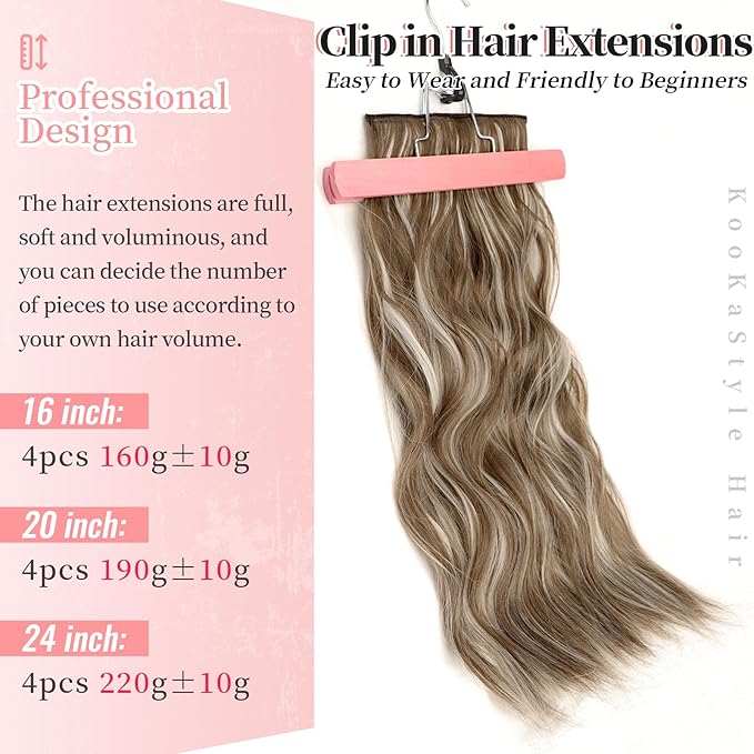KooKaStyle Clip in Synthetic Hair Extensions Long Wavy 4PCS Thick Hairpieces Brown mix Ash Blonde P10/88 Fiber Double Weft Natural Hair Extensions 20 Inch for Women