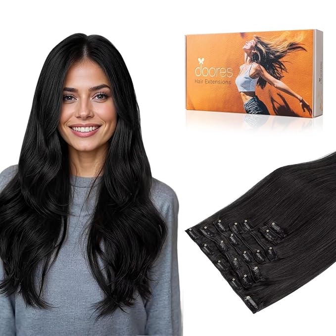 DOORES Clip in Remy Hair Extensions, 24 Inch 120g 7pcs Natural Black, Human Hair Extensions Straight Thick Weft for Women