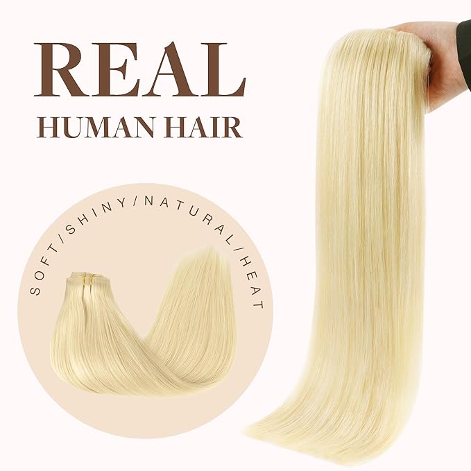 GOO GOO Clip in Hair Extensions Real Human Hair, Remy Human Hair Extensions Clip ins for Women, Natural Human Hair, 16inch 130g 7Pcs, 613R Bleach Blonde