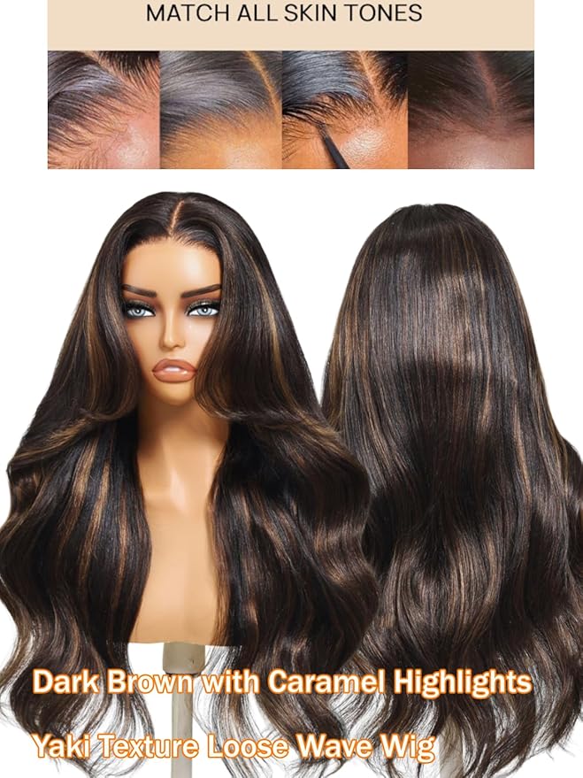 Julia Hair 13x4 Pre Everything Chestnut Brown Highlight Yaki Loose Body Wave Wig With Drawstring Glueless Wigs Human Hair HD Lace Frontal Wig Bleached Knots Ready to Go 20 Inch