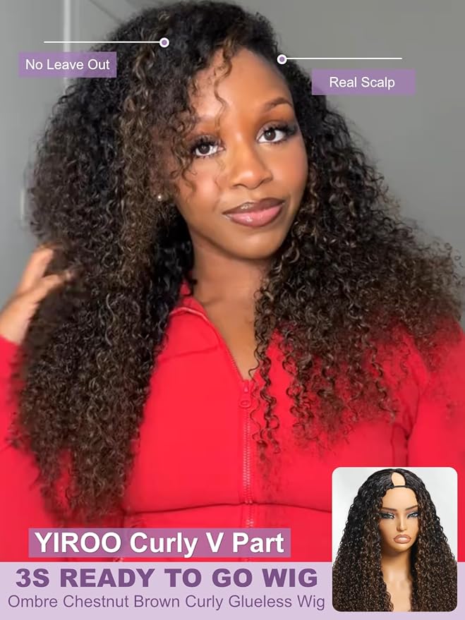 YIROO EasiContour V Part Ombre Brown Human Hair Wig Curly 12A Glueless Upgrade U Part Wig Ombre Black to Chestnut Brown No Leave Out V Shape Clip Wigs Ready to Go 150% Density Beginner Friendly 22Inch