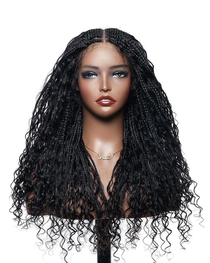 Human Hair Boho Curls Hand-Tied HD Full Lace Wig - 24" Salon-Level Small Box Synthetic Braids (121 Braids, High Density) Pre-Cut Swiss HD Lace, Pre-Plucked, Knotless, Tangle-Free - Black 1B