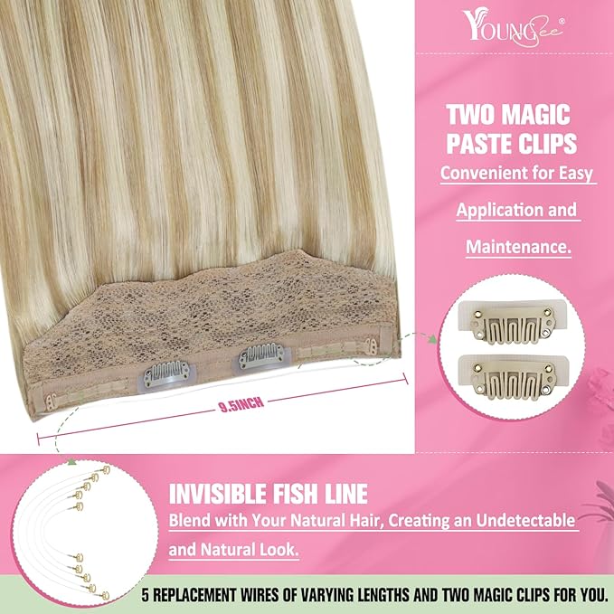 YoungSee Wire Hair Extensions Human Hair Brown Balayage Wire Hair Extensions Real Human Hair Medium Brown Ombre Caramel Blonde Fish Line Hair Extension Real Human Hair 16 Inch 80g