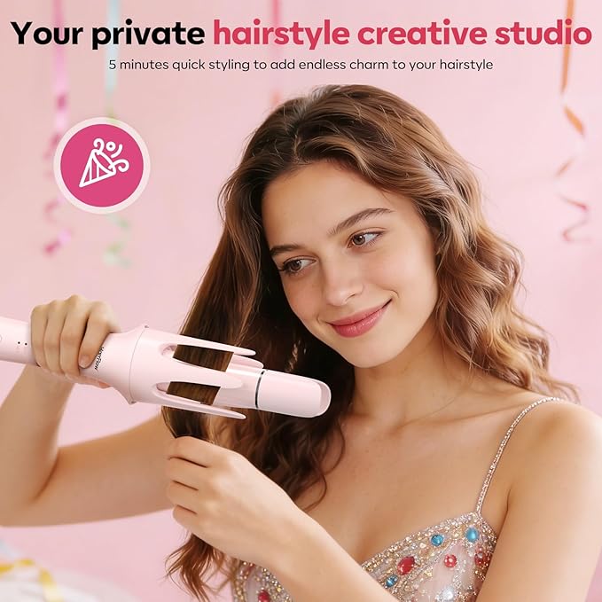 7 in 1 Automatic Curling Iron Interchangeable Barrels -0.5",1", 1.25", 1.5" Curling Wand, Hair Crimper & Straightening Brush,& Rotating Curler, 300M Negative Ions & Dual Voltage, Home & Travel