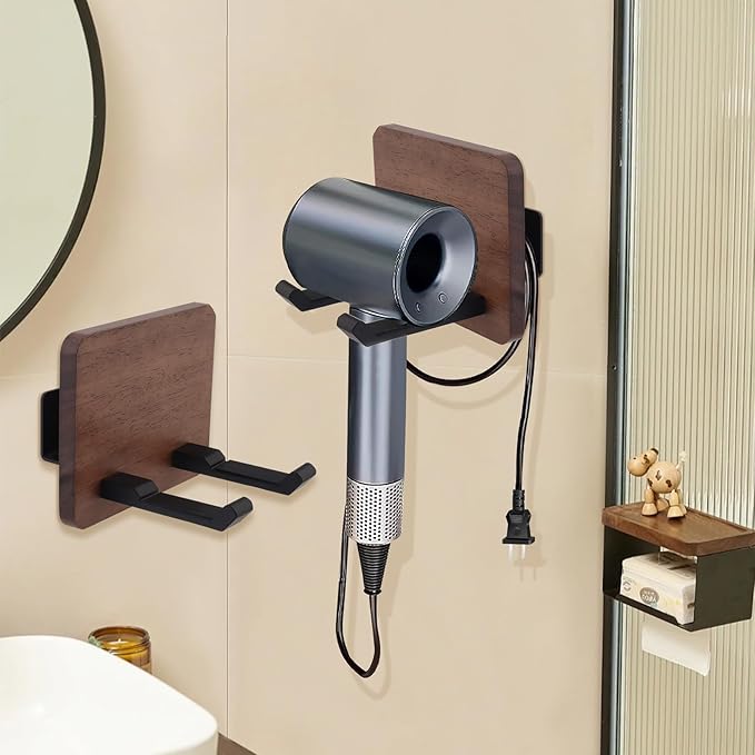 Wall Mounted Hair Dryer Holder, 4.7 * 3.7 Inch Square Shape Walnut Wood Shelf Aluminum Hairdryer Holder,Bathroom Hair Dryer Stand Drill Install (Square Shape Walnut Wood, 1)