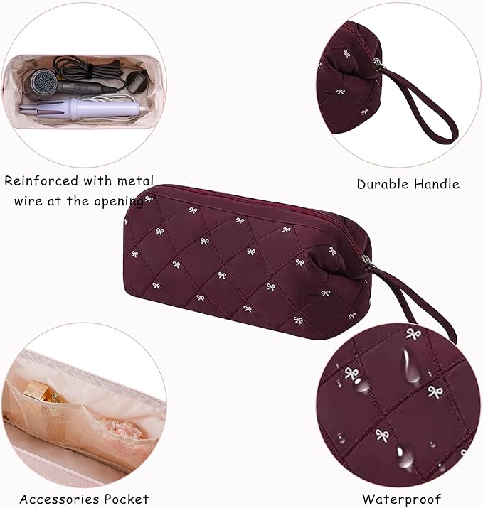 Large Quilted Hair Tools Travel Bag with Bow Pattern,Waterproof Hair Styling Accessories Storage Case for Shark FlexStyle, Dyson Airwrap Hair Dryer, Curling Iron, Revlon Hair Tools(Wine Red)