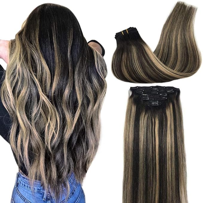 GOO GOO Clip in Hair Extensions Real Human Hair, Remy Human Hair Extensions Clip ins for Women, Natural Human Hair, 20 Inch 160g 7Pcs, 1B/16/1B Balayage Natural Black to Light Blonde
