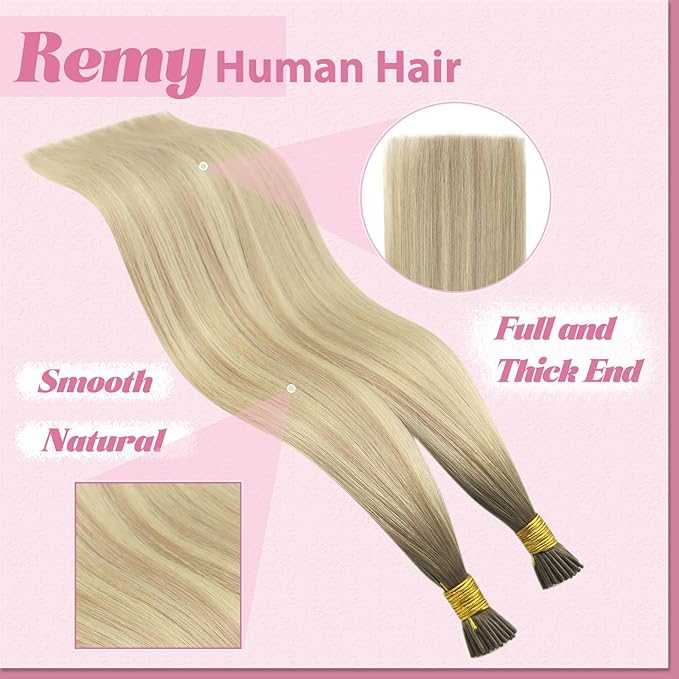 YoungSee I Tips Hair Extensions Ombre 14 Inch I Tip Extensions Ash Blonde Ombre Platinum Blonde Balayage Itip Hair Extension Real Human Hair 80s 50g Fusion Hair Extension for Short Hair