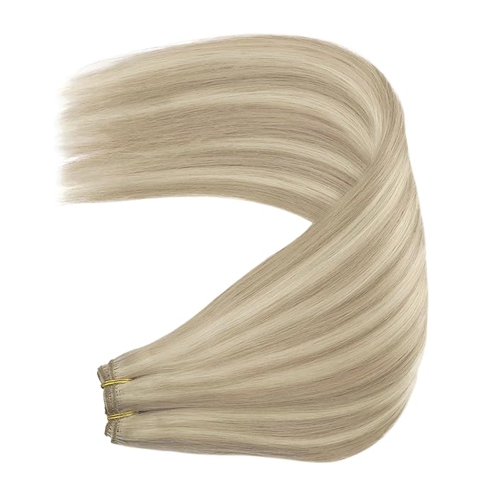 YoungSee Weft Hair Extensions Highlight Warm Ash Blonde Mix Bleach Blonde Human Hair Sew in Extensions Highlights Hair Extensions Weft Soft Remy Hair 18Inch 100G