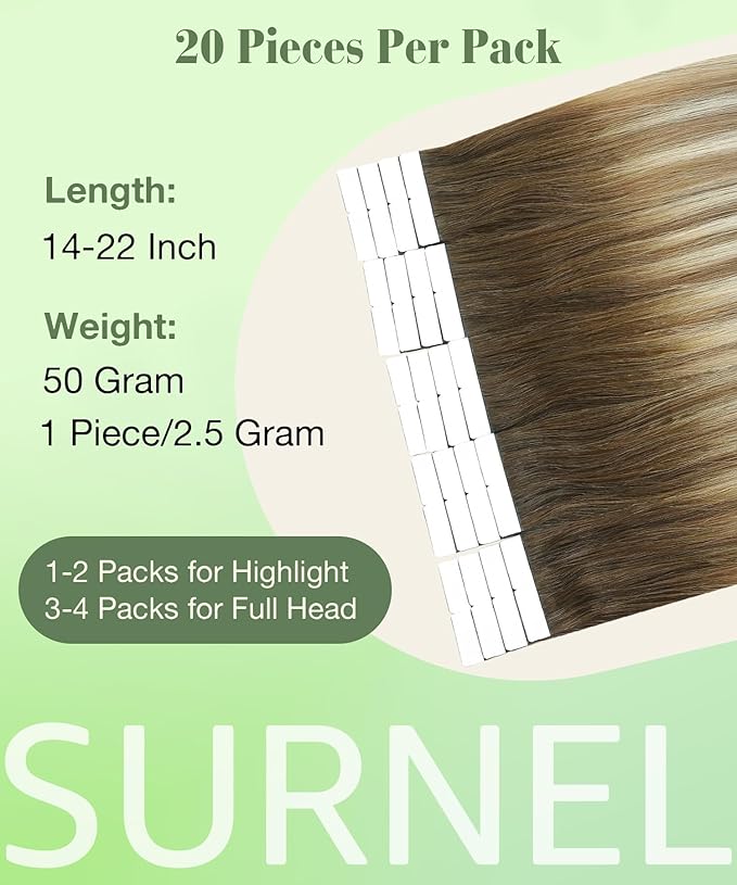 SURNEL Tape in Hair Extensions 16 inch Balayage Darker Brown to Ash Brown mixed Blonde Tape in Hair Extensions Human Hair 20pcs 50g(#3/8/22-16)