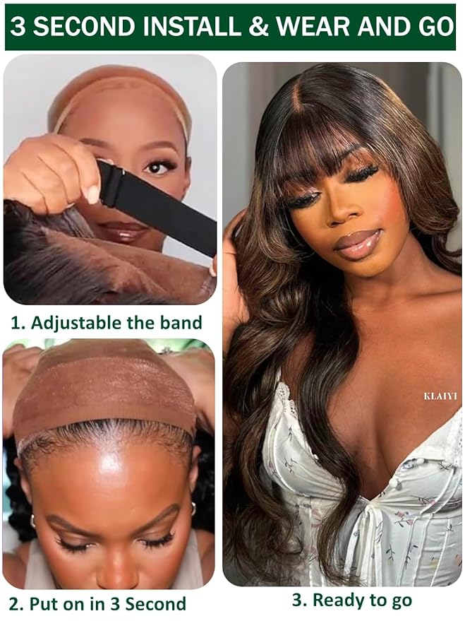 KLAIYI Ombre Brown Loose Body Wave Pre Everything Glueless 13x4 HD Lace Front Human Hair Wig with Natural Bang Highlight Balayage Brown Precut Lace Pre Plucked Bye Bye Knots Drawstring Wig 180% 22Inch