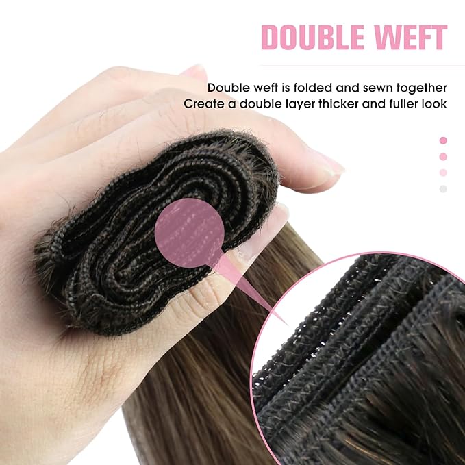 YoungSee Weft Hair Extensions Balayage Dark Brown Mix Caramel Blonde Human Hair Sew in Extensions Ombre Hand Tied Weft Hair Extensions Human Hair 22Inch 100G