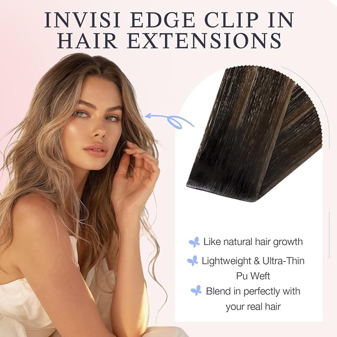 DOORES Hair Extensions Real Human Clip in 18 inch 120g 7pcs Invisi Edge, Seamless Clip in Hair Extensions Invisible Clipins Virgin Injected Skin Weft, 2/6/2 Dark Brown to Chestnut Brown