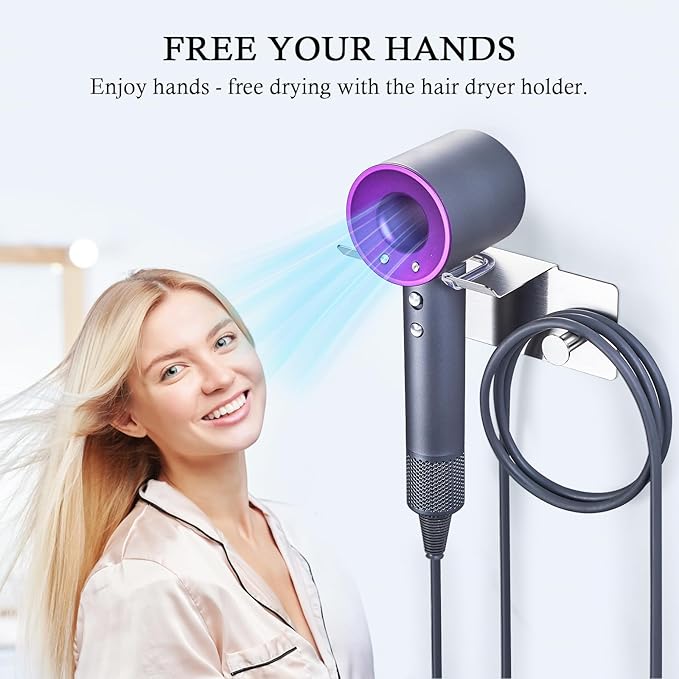 Hair Dryer Holder Wall Mount, Blow Dryer Holder for Wall, Adhesive Hairdryer Holders, Stainless Steel Blowdryer Holders Bathroom Hair Tool Organizer Hair Dryer Hanger Hook with Cord Storage (Silver)