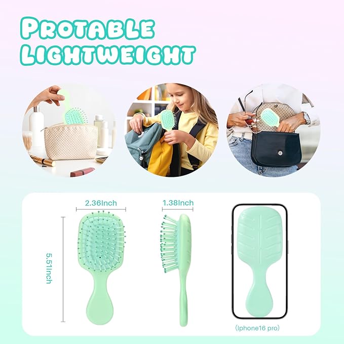 Mini Hair Bursh for Women Men and Kids, Protable Travel Size Hair Brush for Pockets Purses, Mini Detangler Brushes for All Hair Types, Small Paddle Brush for Detangling(Green)