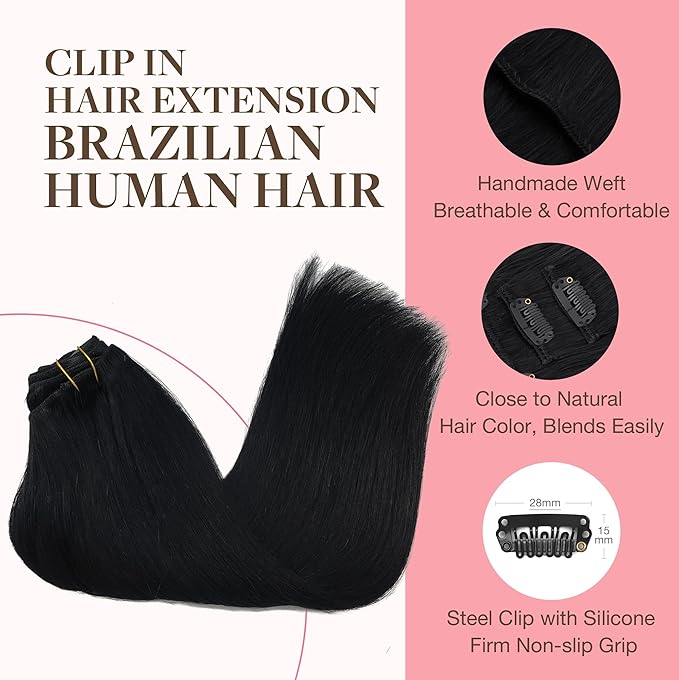 GOO GOO Clip in Hair Extensions Real Human Hair, Remy Human Hair Extensions Clip ins for Women, Natural Human Hair, 24inch 170g 7Pcs, #1 Jet Black
