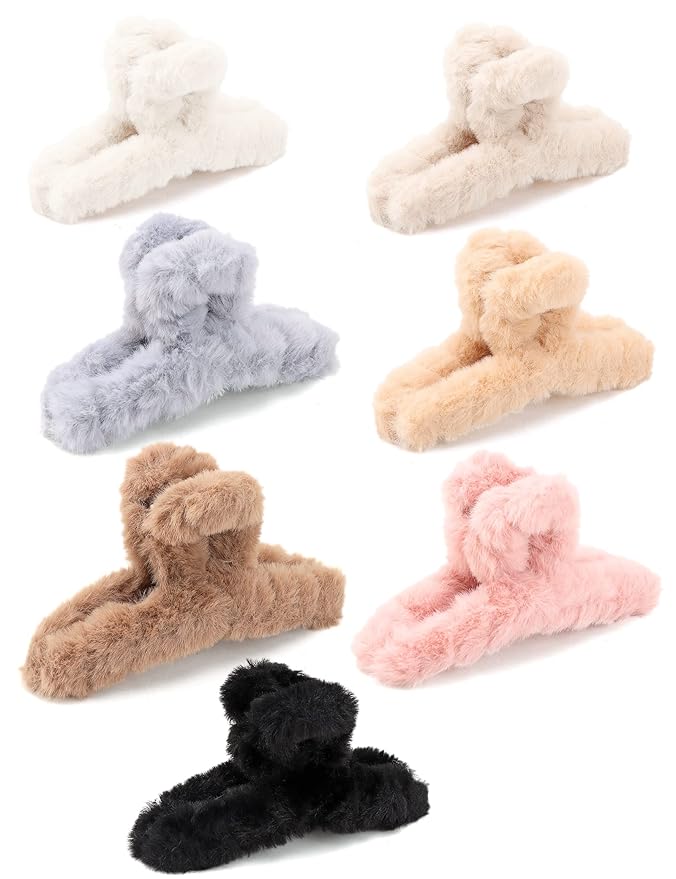 SEVEN LUCKY LIGHT Hair Clip, 7 Pcs 4.5" Fuzzy Claw Clips for Thick Hair, Cute Fuzzy Clip for Women Girls, Soft Hair Clips