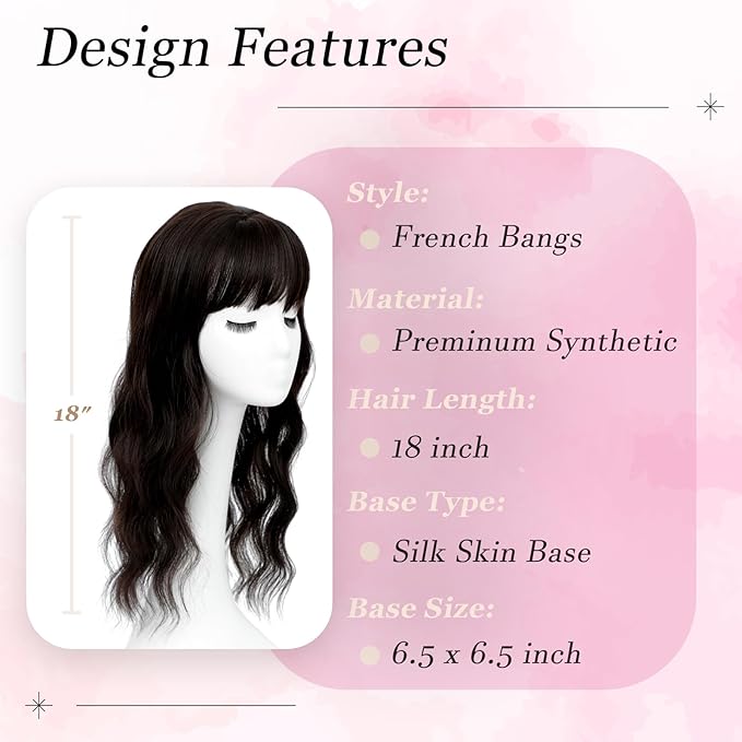 Hair Topper, 360° 3D Hair Toppers for Women with Thinning Crown, 18 Inch Long Wavy Curly Hair Pieces Clip in Bangs (Black, 18 inch, French Bangs)