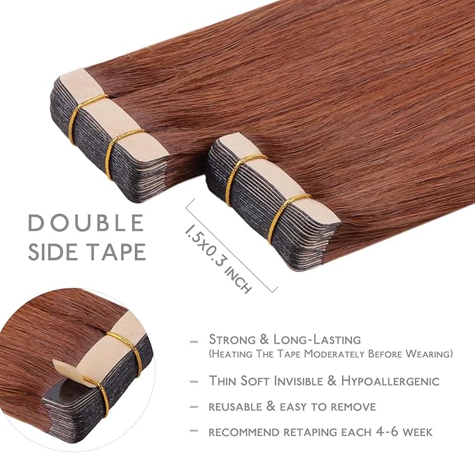 WENNALIFE Tape in Hair Extensions Human Hair, 20pcs 50g 16 inch Dark Auburn Copper Remy Hair Tape in Extensions Skin Weft