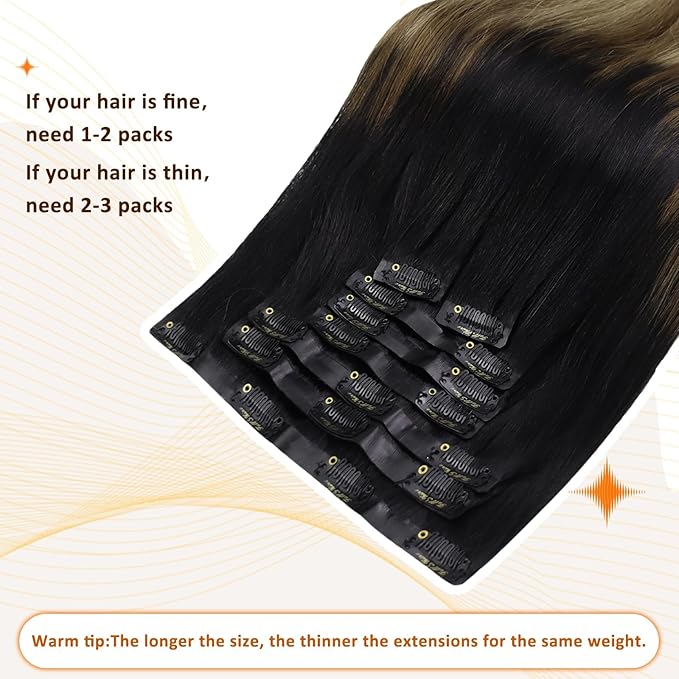 Full Shine Seamless Human Hair Clip in Extensions 14 Inch Balayage Black to Chestnut Brown with Caramel Brown PU Weft Real Hair Extensions 8 PCS 120 G