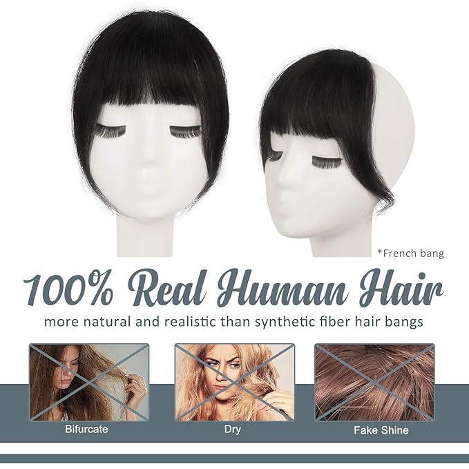 BARSDAR Human Hair Clip in Bangs - 100% Real Human Hair Clip in Bangs for Women - Natural Black French Bangs Fringe with Temples Real Hair Bangs Extensions Hairpieces - Natural Black