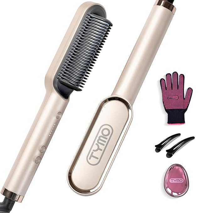 Hair Straightener Brush, TYMO Ring Hair Straightener Comb Straightening Brush for Women with 5 Temps 20s Fast Heating & Dual Voltage, Gold