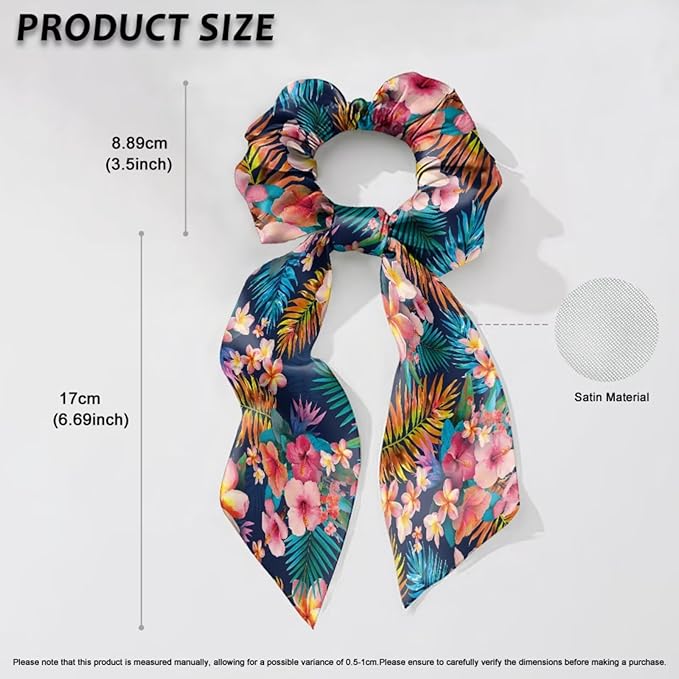 Colorful Tropical Floral Elastic Hair Band with Ribbon Womens Scarf Scrunchies Long Hair Ties Casual Knotted Bow No Damage Pack Of 2