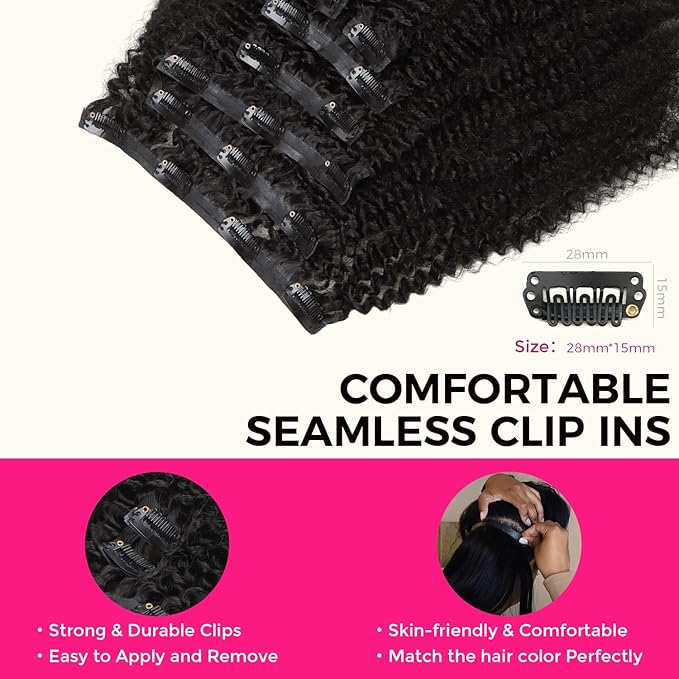 Lashey Seamless Clip in Hair Extensions Human Hair 18 Inch Afro Kinky Curly Clip in Hair Extensions Real Human Hair 110g 7pcs Natural Black Hair Extension Clips for Women