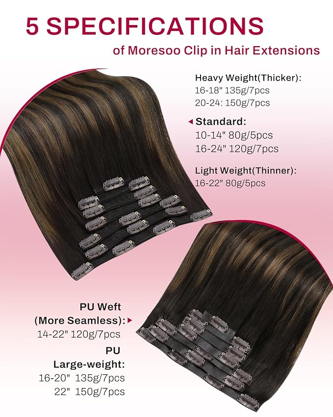 Moresoo Seamless Clip in Hair Extensions Human Hair Balayage Seamless Clip in Human Hair Extensions Ombre Dark Brown with Chestnut Brown 7pcs 120g 18 Inch