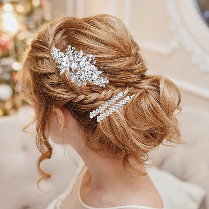 4PCS Rhinestone Pearl Hair Clips, Wedding Bridal Leaf Hair Barrette, Sparkly Glitter Hair Pins Accessories for Women and Girls