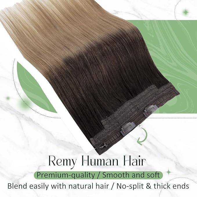 RUNATURE Invisible Wire Hair Extensions Real Human Hair, 20 Inch 100g Transparent Fish Line Human Hair Extensions Brown Ombre Natural Hair, #2/6/18 Dark Brown to Chestnut Brown and Ash Brown