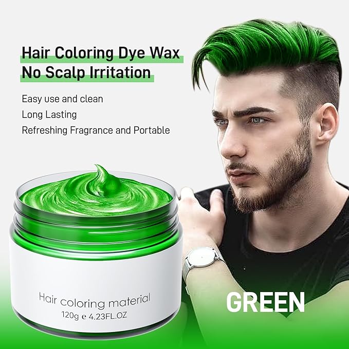 Green Hair Dye, Green Temporary Hair Color Wax, Natural Instant Hair Wax Color, Washable Hair Dye, DIY Temporary Hair Color for Teens Women Men Party Cosplay Halloween, 120g