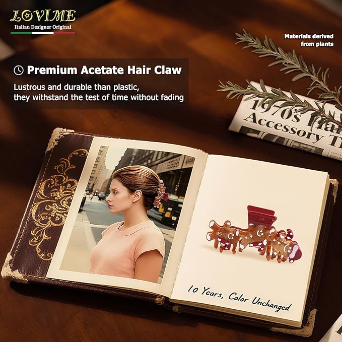Original Italian Designed Hair Claw Clips for Women- CHRISTMAS Gingerbread Men, Premium Acetate Medium Claw, Non Slip Cute Hair Clips for Women with Gift Box